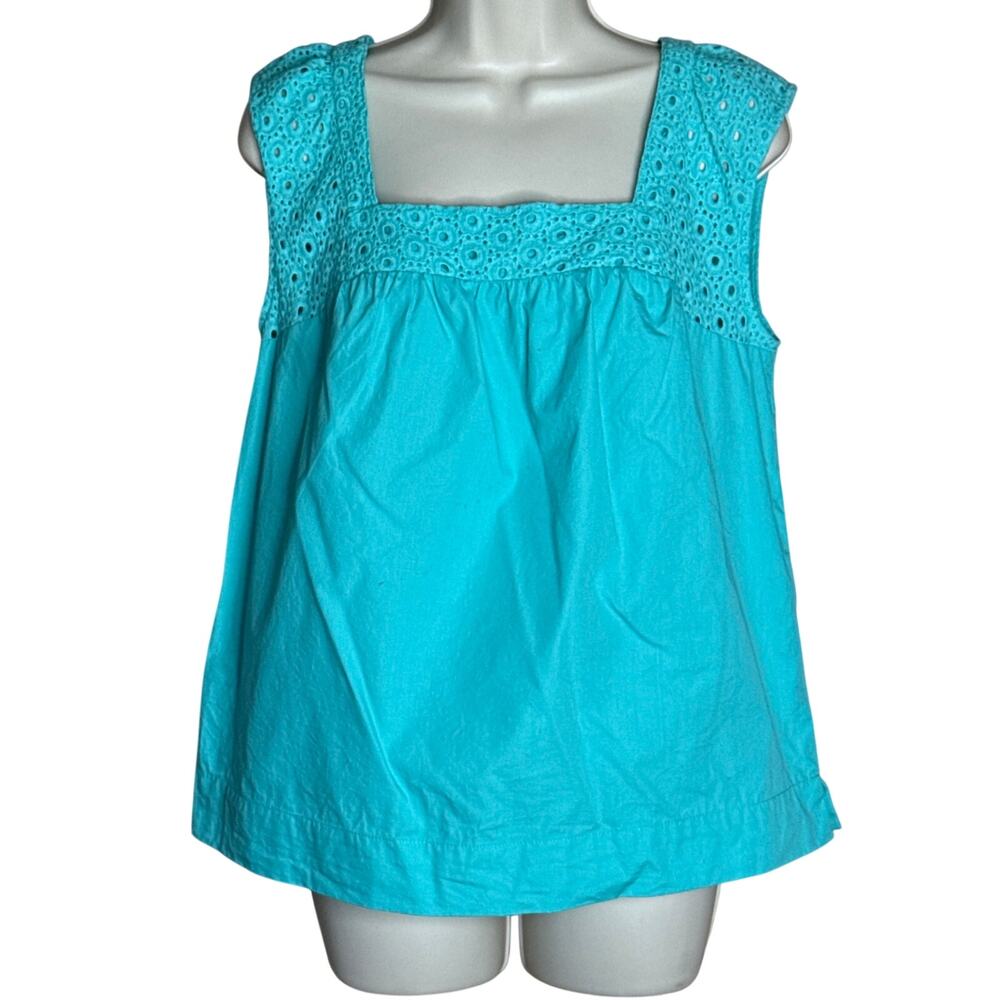 Pappagallo Aqua Blue Cotton Square Neck Blouse M NWOT